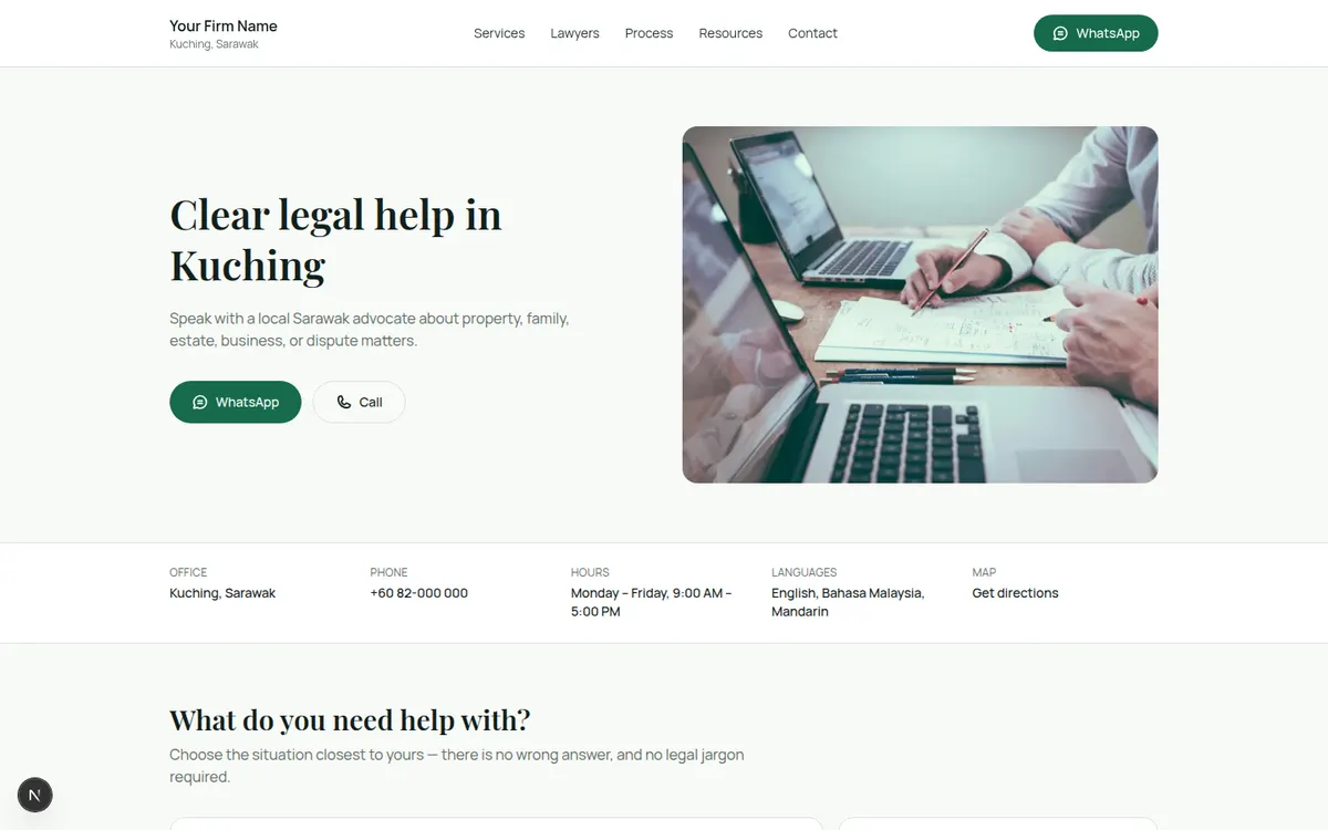 Light, warm homepage hero with WhatsApp promoted as the primary contact action