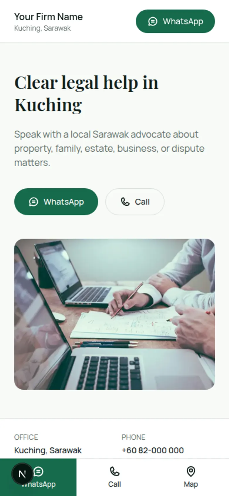 Mobile view showing the fixed WhatsApp / Call / Map action bar