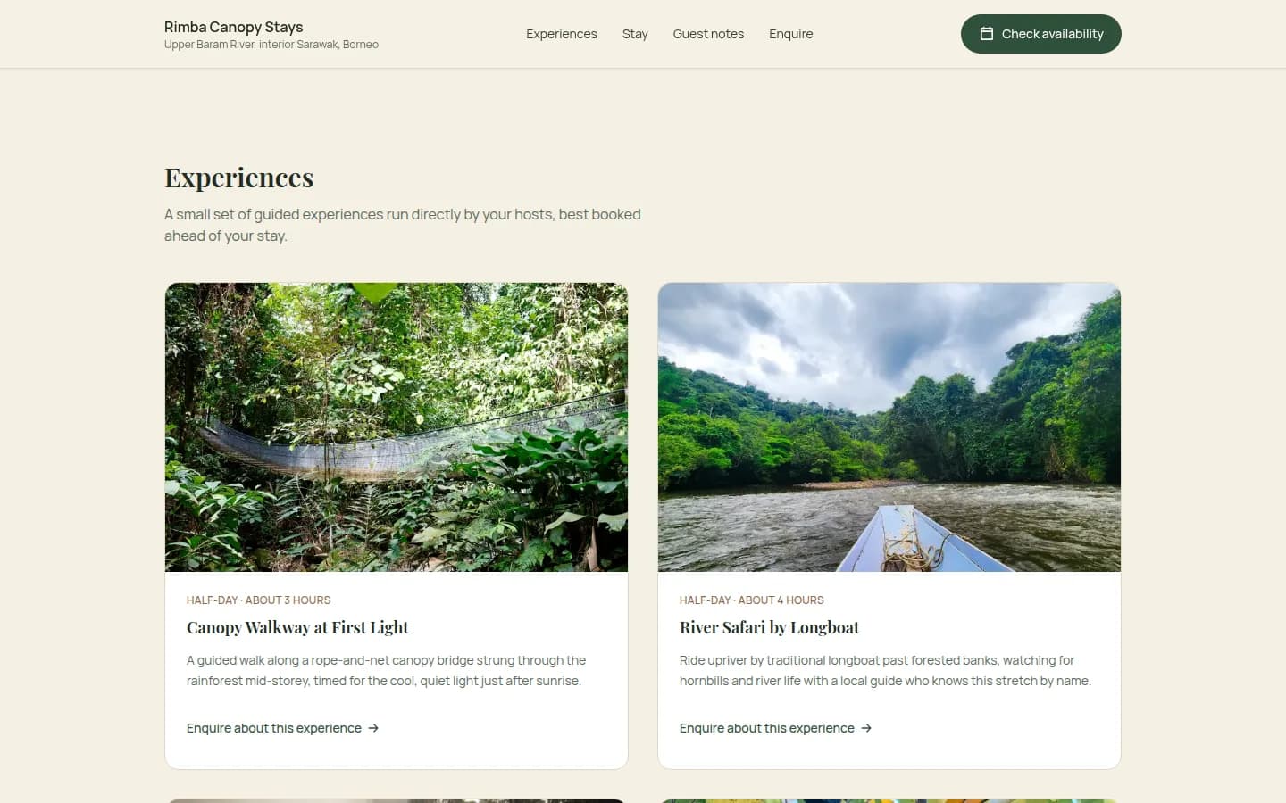 Guided-experience card grid with photography, duration and an enquiry call-to-action