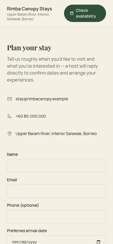 Mobile view of the booking-enquiry form scoped to dates, guests and interest