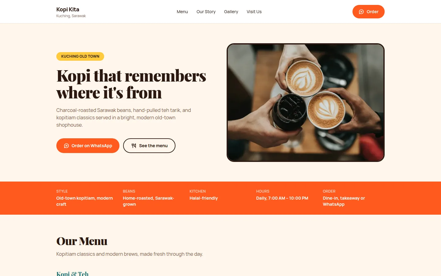 Vibrant kopitiam homepage hero with saturated color-block badge and food photography