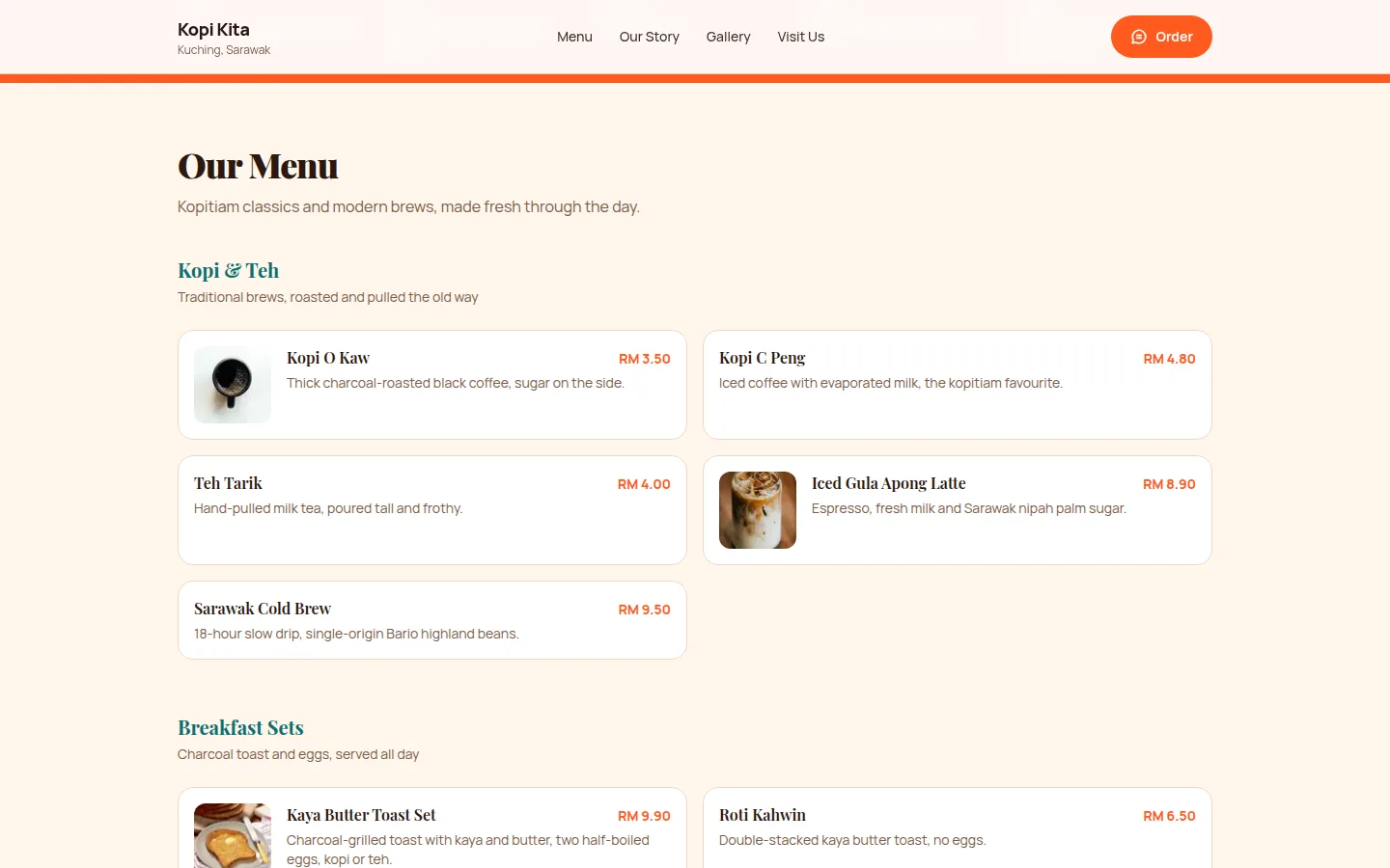 Categorized menu section with prices and photography on featured items